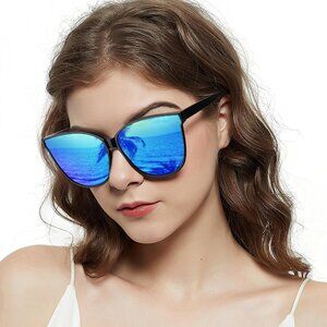 Women Blue Polarized UV400 Protection Oversized Cat Eye Frame Retro Sunglasses